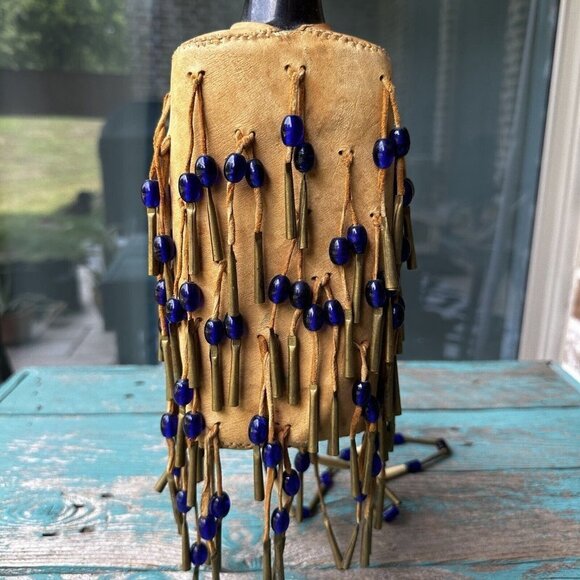 Native American Plains Canteen Bag 10" Leather Brass‎ Conicals Cobalt Blue Beads - Picture 4 of 13